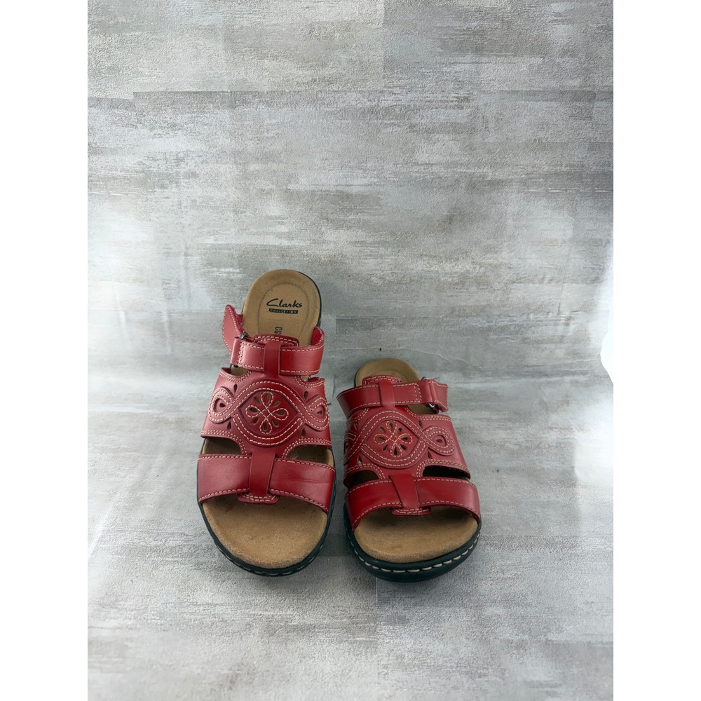 Clarks Collection Leisa Lacie Red Leather Laser Cut Slide Sandals Women Sz 6M